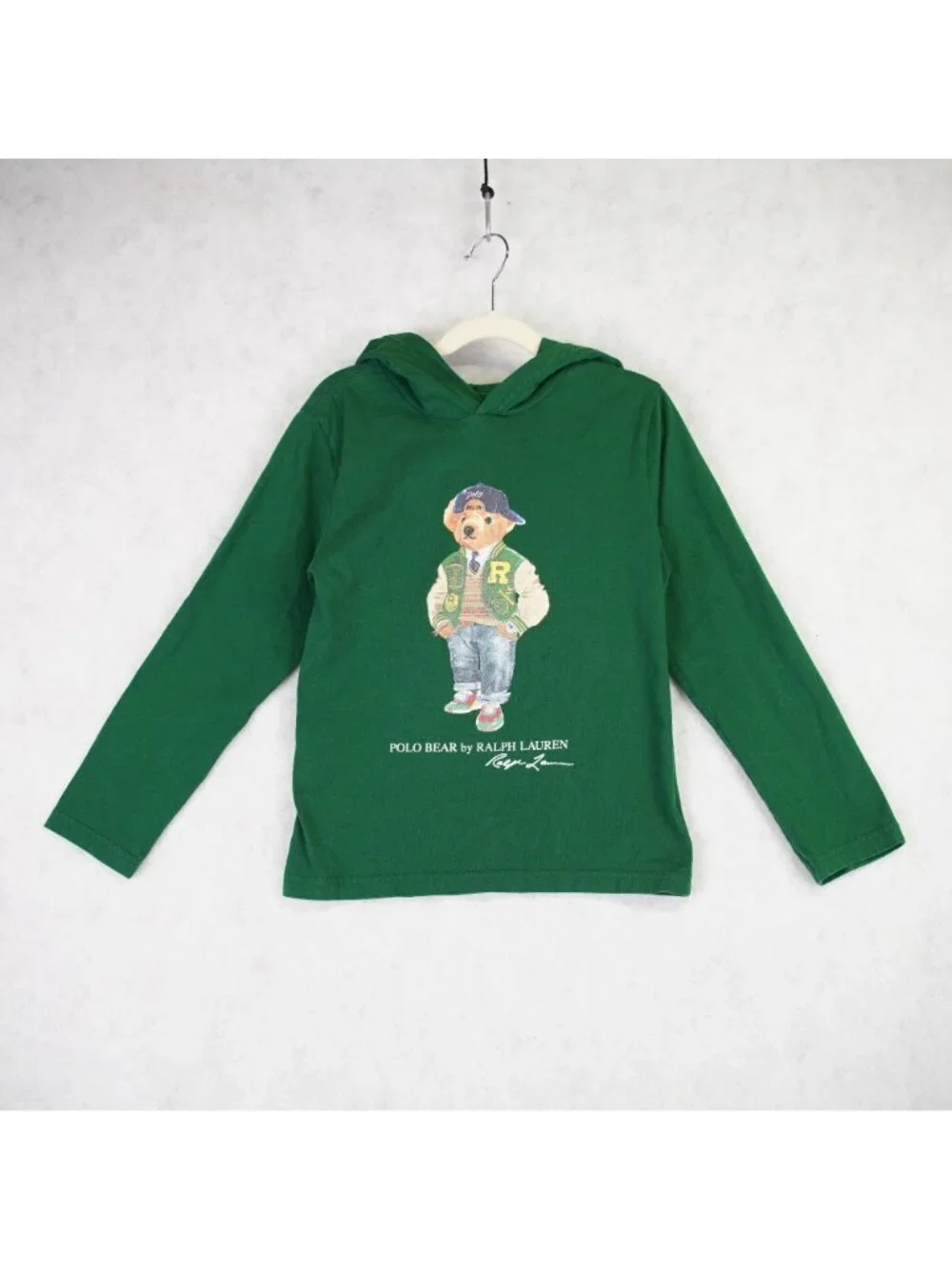 Polo Ralph Lauren Bear Cotton Jersey Hooded Tee Boys Small 8 Green Bear Print